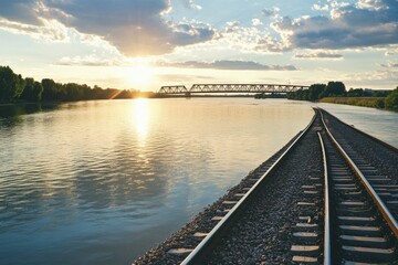 Obraz premium Serene River Sunset with Train Tracks and Bridge Reflection