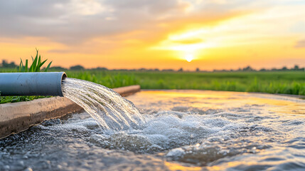 Water flows from pipe to pond on farm at sunset, for irrigation and water resource management