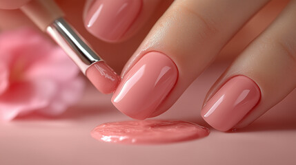 Obraz premium Close-up of Model Applying Glossy Nail Polish with Focus on Color and Brush