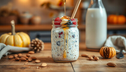 A jar of delicious overnight oats topped with fresh fruits and honey, set on a wooden table surrounded by pumpkins and milk bottles, creating a warm autumn ambiance.

