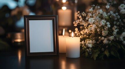 Sympathetic Funeral Decor with Photo Frame, White Flowers, and Candle, Elegant Tribute Arrangement
