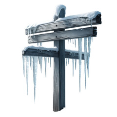 Wooden signpost covered in snow and icicles isolated on transparent background, cut out