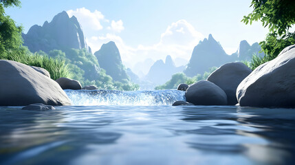 Waterfall flowing into a stream in a serene mountain valley with lush greenery, suitable for tourism and nature conservation promotion