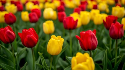 A breathtaking tapestry of red and yellow tulips in full bloom across the dutch countryside
