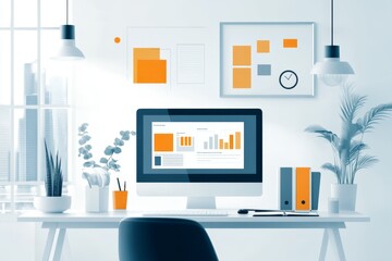 A minimalist infographic of a well-organized computer lab with labeled sections