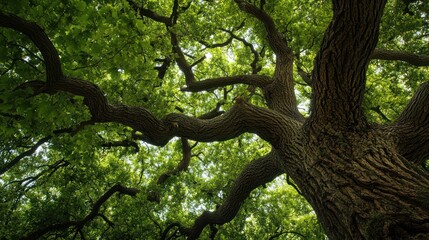 Fototapeta premium Majestic Oak Tree Canopy: A Low-Angle View of Nature's Grandeur