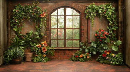 Brick wall room, arched window, lush plants, natural light, garden backdrop