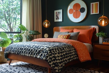 Vibrant midcentury bedroom design urban apartment interior decor cozy environment stylish viewpoint bold colors impact