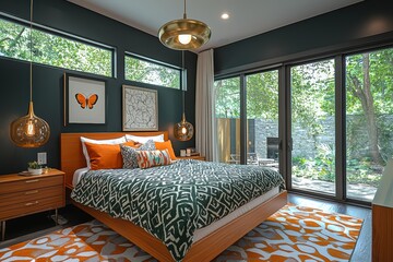 Vibrant midcentury bedroom design modern home interior design relaxing space wide-angle view bold aesthetic choices