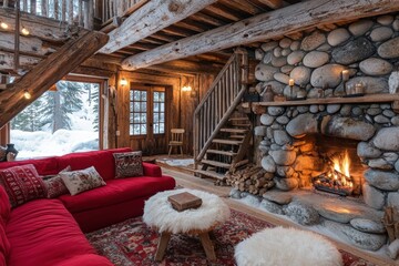 Rustic midcentury cabin interior with exposed wood cozy living room mountain retreat natural environment warm viewpoint home comfort