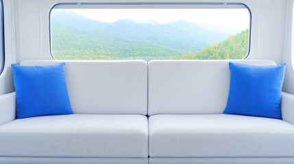 Train seat with mountain view; comfortable travel; relaxing scenery; interior design; tranquil journey