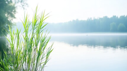 Calm lake sunrise, reeds foreground, misty forest background. Peaceful nature scene, ideal for relaxation