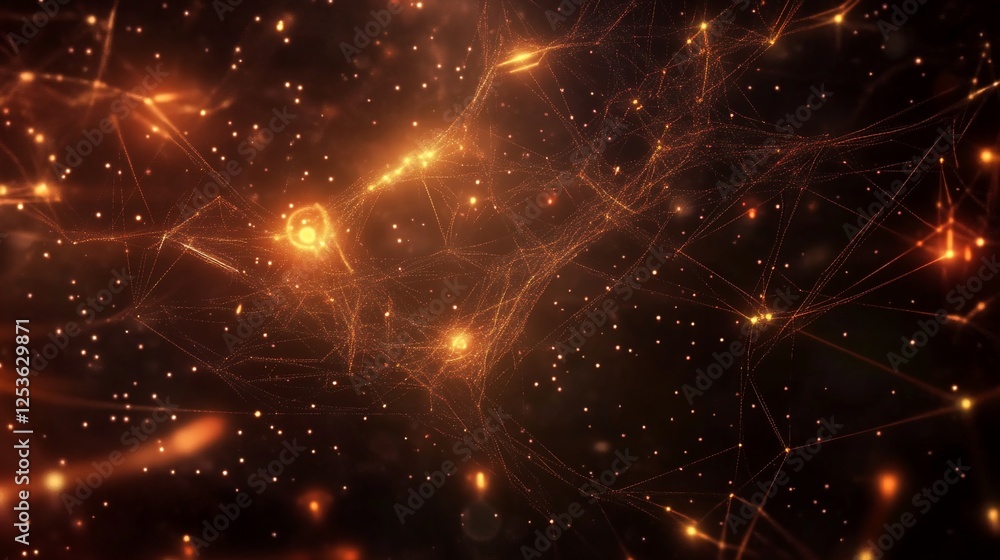 Poster abstract network of golden light points connected by lines on black background
