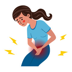 Woman has a pain in stomach belly area. Discomfort and illness filings. Medical treatment and therapy