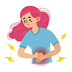 Woman has a pain in stomach belly area. Discomfort and illness filings. Medical treatment and therapy