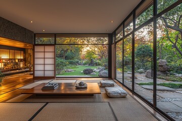 Tranquil midcentury zen retreat with japanese design garden view interior space peaceful atmosphere minimalistic concept
