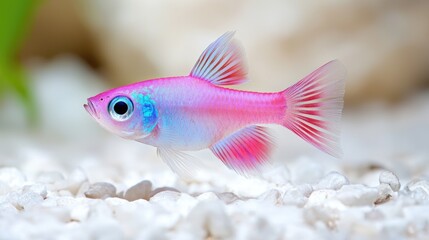 Pink fish swimming in aquarium, white gravel background, pet hobby