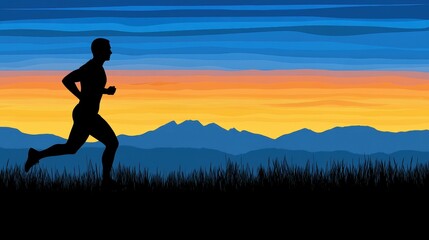 Silhouette of a Runner in Motion Against a Colorful Sunset with Mountains in the Background