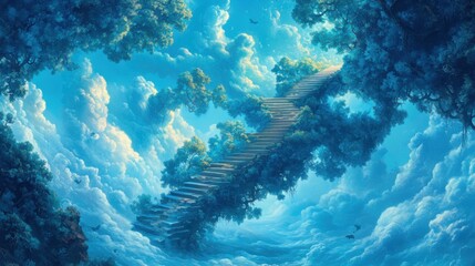 Fototapeta premium A sky filled with fractured and floating tree branches, with staircases emerging from cracked clouds, leading to nowhere, surrounded by fragmented shapes.