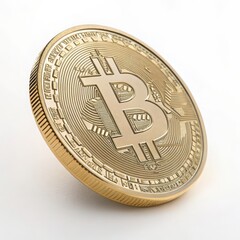 Close-Up of a Detailed Bitcoin Coin in Shimmering Gold Finish on a White Background, Ideal for Representing Cryptocurrency Themes, Digital Investment, and Modern Finance Concepts 