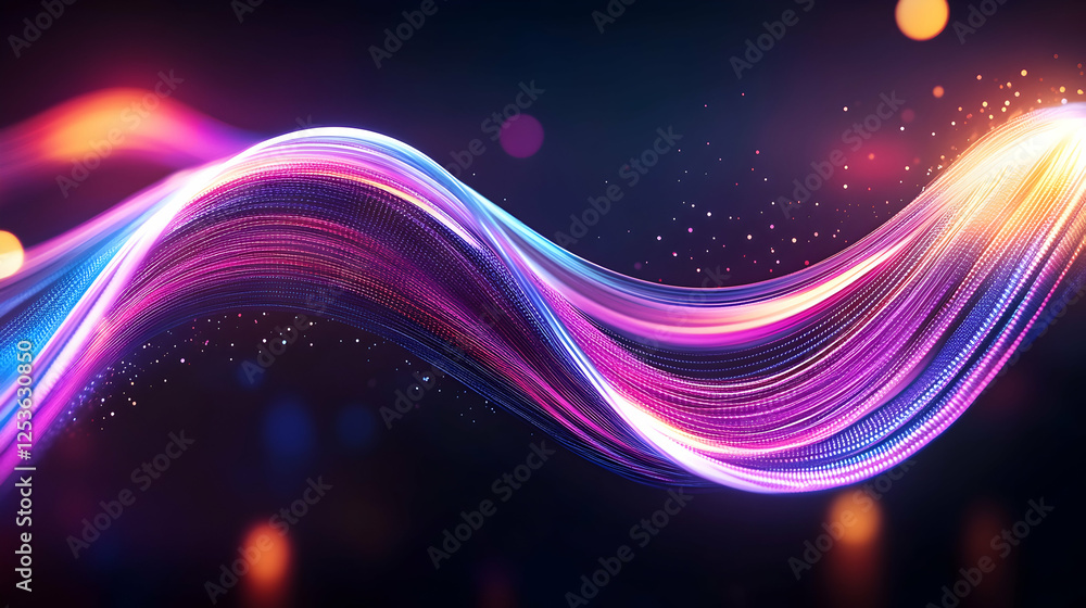 Poster abstract bright wave of colors flows in a dark space with bokeh for creative backgrounds and innovat