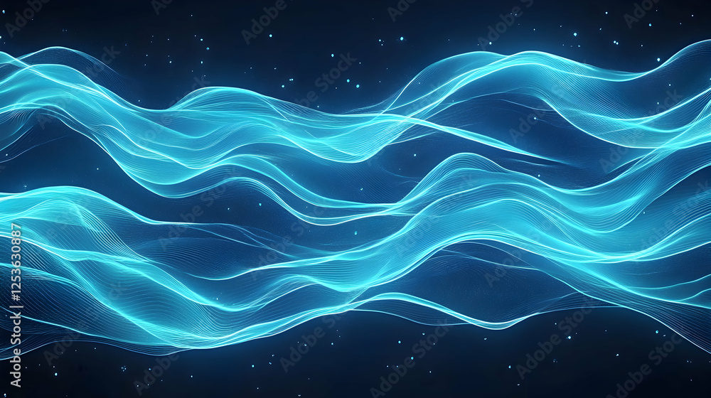 Poster abstract blue waves flowing with sparkling particles in a digital, technology backdrop for presentat