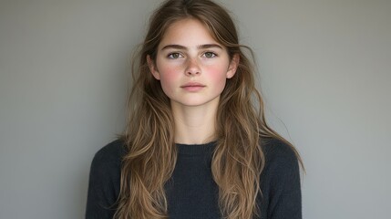 Obraz premium A girl with long brown hair and a black shirt. She has a red face. The girl is looking at the camera