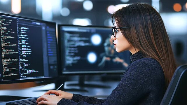 A female software architect reviewing complex system diagrams on multiple floating holographic interfaces, deep in thought as she refines application security protocols.