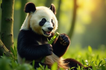 Panda bear devouring bamboo shoots, sunlit clearing, summer, wild, endangered