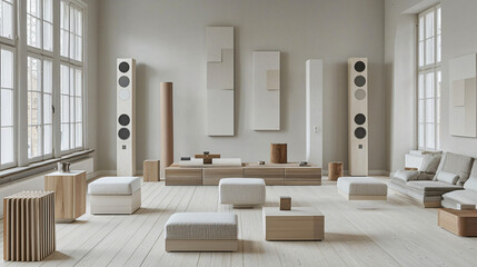 A serene living room with simple, modern decorations in shades of white and gray, highlighting geometric furniture and materials like wood and metal. The empty walls and natural light from large windo