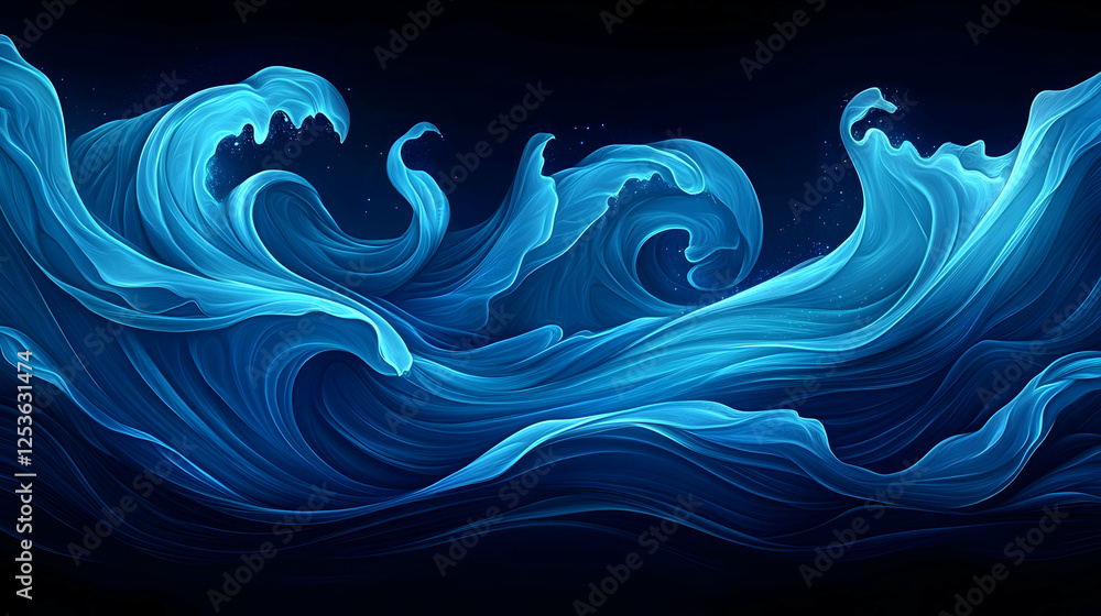 Poster abstract waves flowing across a dark ocean, creating a dynamic visual background; can illustrate pow