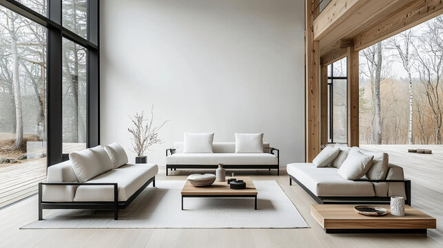 A serene living room with simple, modern decorations in shades of white and gray, highlighting geometric furniture and materials like wood and metal. The empty walls and natural light from large windo