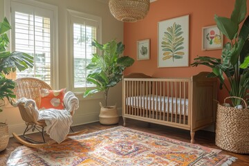 Midcentury nursery design with pastel accents cozy home interior decor bright environment inviting viewpoint aesthetic concept