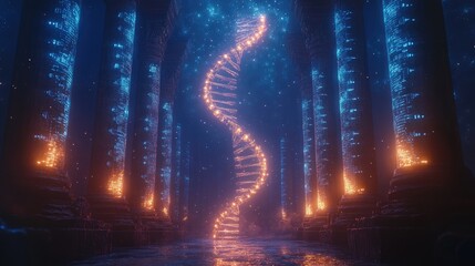 A mystical scene featuring a glowing DNA helix amidst ancient pillars in a dark, enchanting space.