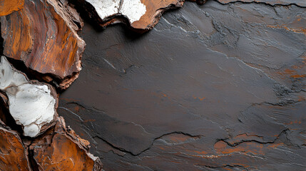 Rustic wood bark frame on dark stone; background texture