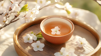 Aromatic tea cup on wooden tray with cherry blossoms; relaxation scene for advertising food blogs or nature wellness themed publications