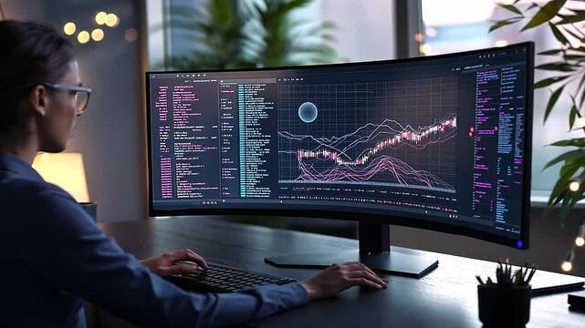 A female data scientist analyzing big data visualizations on a curved monitor, her workspace glowing with analytical graphs, statistics, and Python scripts.