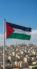 Naklejka premium Palestine Flag Waves High Above Cityscape: Symbolism, Culture & History in the Middle East | Travel Photography