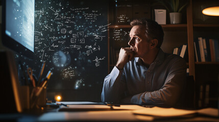 a middle aged scientist sits at his desk thinking deeply with mathematical equations glowing on a dark background creating a futuristic mood
