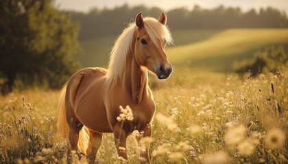 Obraz premium Golden horse in sunset field, serene nature background, ideal for prints