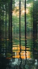 Obraz premium A blurred forest reflection on a still water surface.