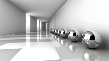 Abstract Chrome Balls in Modern White Corridor