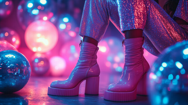 1970s Disco Fashion with Sequined Jumpsuit and Bell-Bottoms