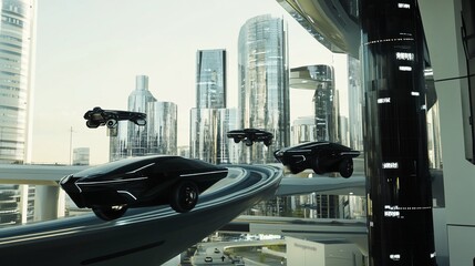 Naklejka premium Futuristic cityscape with sleek flying cars and modern architecture against a clear sky