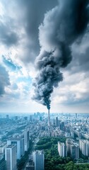 Cityscape, dark smoke plume, pollution, aerial view, environmental impact, industrial, urban