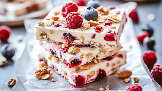 Stack of a homemade frozen yogurt bark made from greek yogurt, fresh berries, nuts, granola, honey