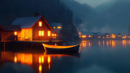 Fototapeta premium Cozy lake village at night, with illuminated houses reflected in calm water and misty mountains, perfect for travel and peaceful scenery