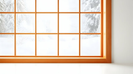 Cozy interior view of snow-covered trees outside window. For interior design, travel promotion or winter scenery