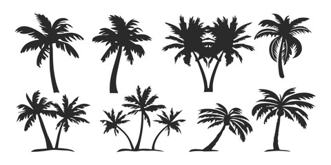 vector tropical palm tree sketch set features a realistic black silhouette of palm trees isolated on a white background.