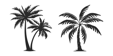 Obraz premium vector tropical palm tree sketch set features a realistic black silhouette of palm trees isolated on a white background.